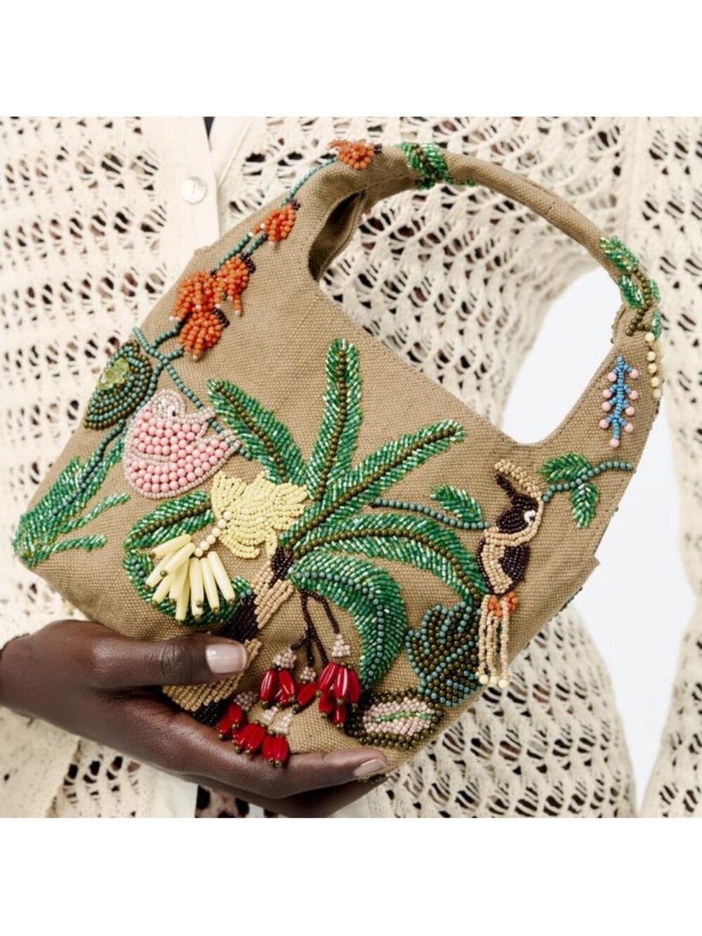Zara Tropical Motif Hobo Bag - Tan